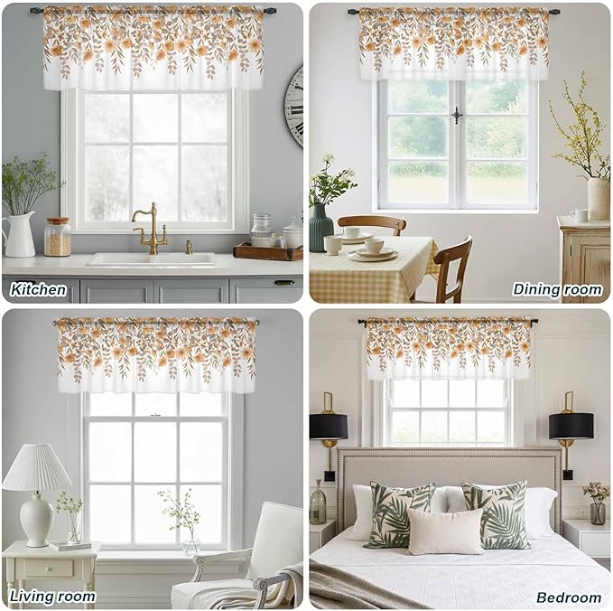 Spring Summer Flowers Sheer Valance Curtains, Vintage Watercolor Orange Floral Leaf Plant Light Filtering Kitchen Valances Rod Pocket Voile Curtain Treatment for Bedroom/Living Room/Basement 42Wx18L