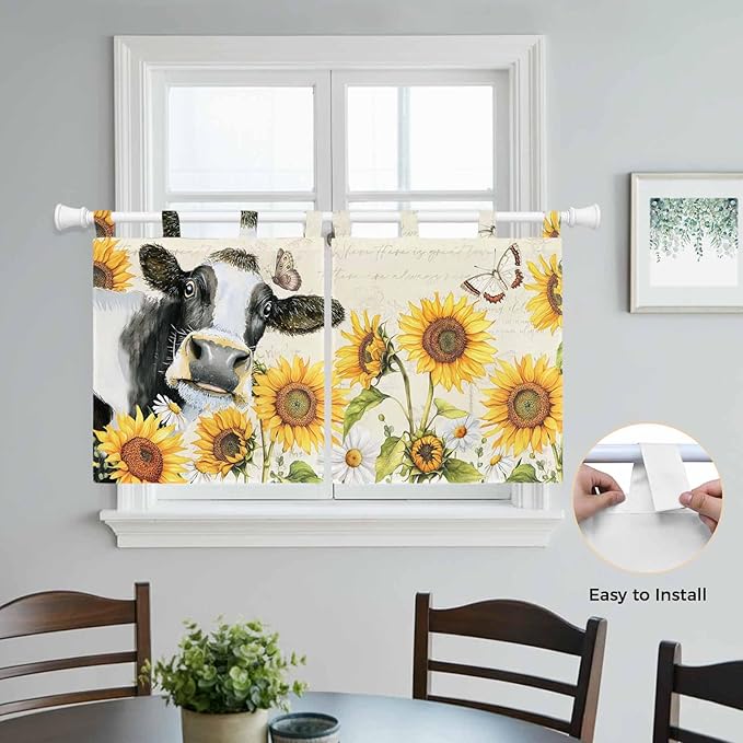 Yellow Sunflowers Kitchen Curtains 36 Inch Length, Small Window Curtains Tab Top, Country Cow Flower Butterfly Farmhouse Cream Light Filtering Short Window Treatments Tier Drapes 27.5"x36" 2 Panel