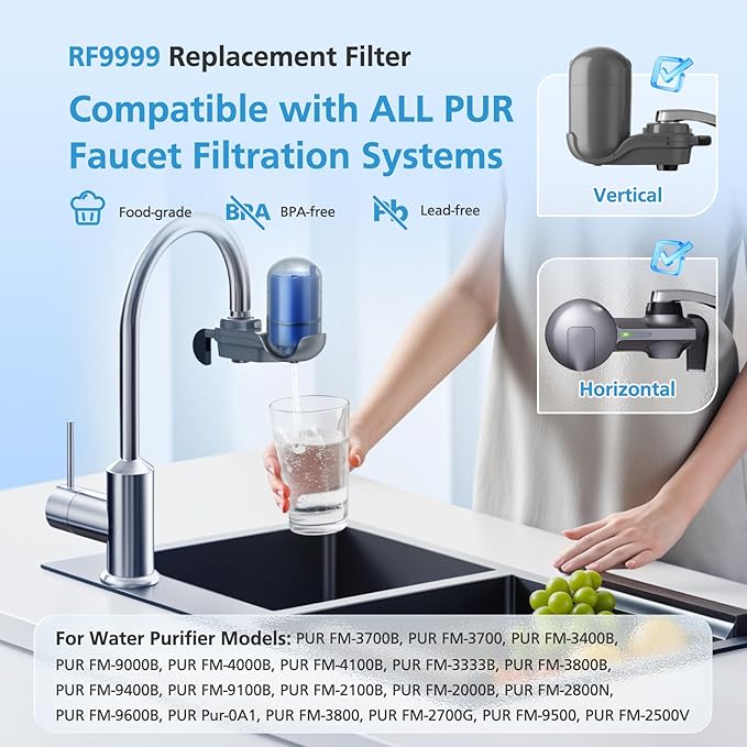 3 Pack RF9999 Faucet Mount Replacement Filter For ALL PUR/PUR PLUS Faucet Filtration Systems, 3-in-1 Powerful & Natural Mineral Filtration, Lead Removal, 9-Month Value, Blue, *NSF Certified