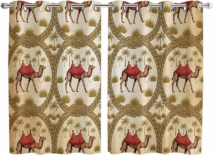 2 Panel Kitchen Cafe Curtains, Brown Desert Camels Sunlight Filtering Nature Air Through, Window Decor Tier Curtains for Living Room 104W x 72L inch Tropical Date Coconut Trees Cords Leaves
