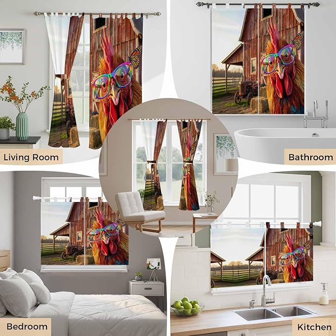 Farm Rooster Bedroom Curtains 63 Inch Length, Window Curtains Tab Top, Farmhouse Barn Funny Animals Butterfly Light Filtering Window Treatments Drapes 42"x63" 2 Panel