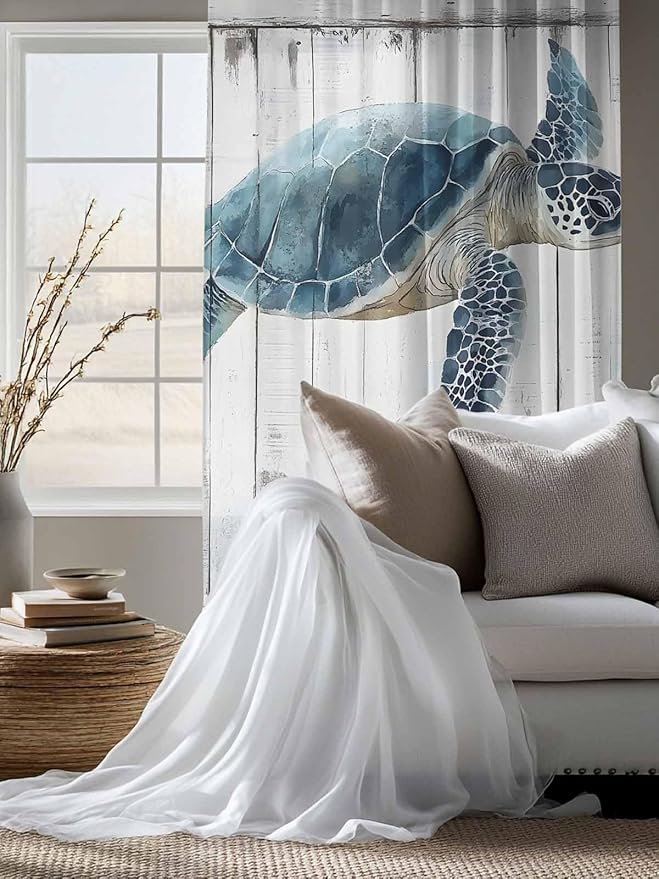 Sheer Curtains 63 Inch Length, Sea Turtle Teal Blue Semi Sheer Curtains Light Filtering Window Treatment, Summer Coastal Ocean Wood Grain Privacy Voile Drapes for Living Room Bedroom 52x63 Inch