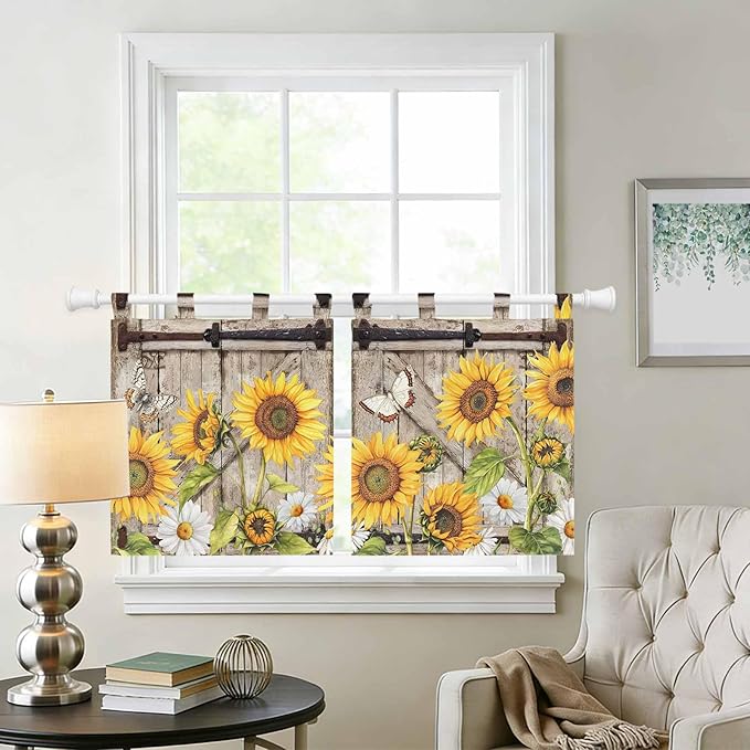 Farmhouse Sunflowers Kitchen Curtains 36 Inch Length, Small Window Curtains Tab Top, Rustic Barn Doors Flowers Butterfly Wooden Light Filtering Short Window Treatments Tier Drapes 27.5"x36" 2 Panel