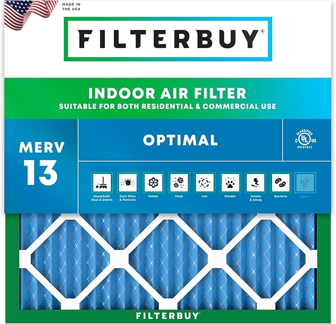 Filterbuy 12x12x1 Air Filter MERV 13 Optimal Smoke & Allergy Defense (1-Pack), Electrostatic Pleated HVAC AC Furnace Filters Replacement, Made in USA (Actual Size: 11.75 x 11.75 x 0.75)