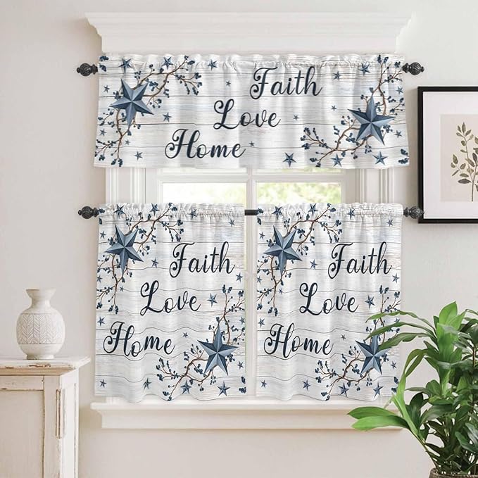 Kitchen Curtains Tiers and Valance Set of 3, Farmhouse Light Filtering Window Curtain Set, Blue Country Texas Star Vintage Berries Wooden Rod Pocket Curtain Drapes for Living Room, 36 Inches Tiers