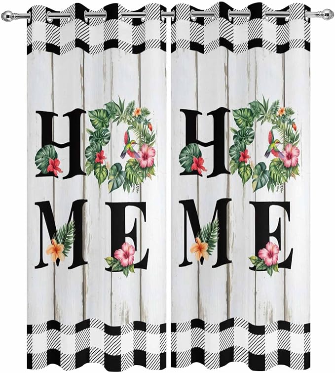 Summer Outdoor Curtains for Patio Leaves Garland Plumeria Wood Buffalo Plaid Waterproof Outside Curtains with Grommet Top Weatherproof Curtain for Cabana Pergola Gazebo, 2 Pack, 54" W x 95" L