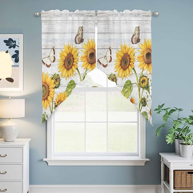 Yellow Sunflowers Swag Valances for Windows, Vintage Country Flowers Butterfly Wood Board Rod Pocket Kitchen Curtains Valance, Kitchen Window Curtains Swag for Cafe Living Room, 2 Panels, 36x63 inch
