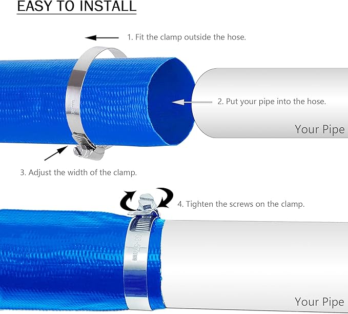 DAVCO 2" x 25 ft Pool Backwash Hose, Heavy Duty Reinforced Blue PVC Lay Flat Water Discharge Pump Hoses For Swimming Drain Pools and Clean Filters,with 1 Clamp