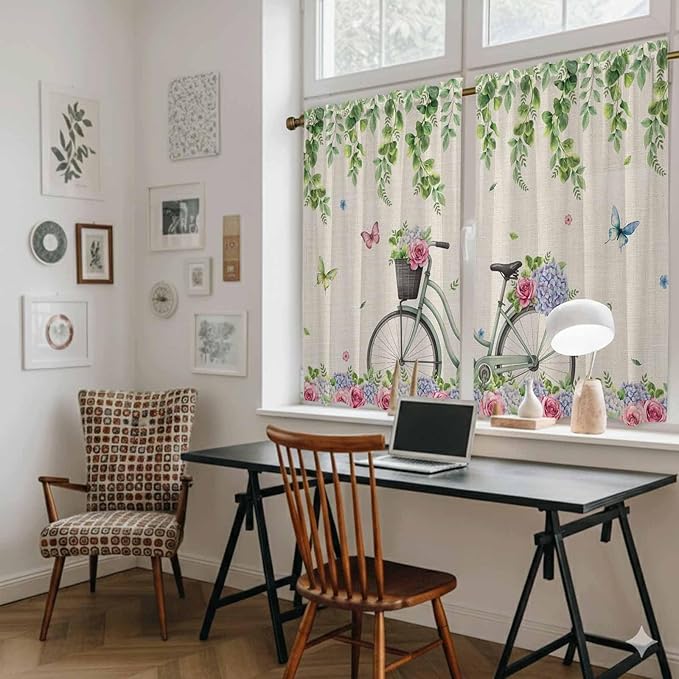 Farmhouse Spring Tier Curtains, Retro Bicycles Flowers Vines Butterfly Light Filtering Kitchen Curtains, 2Pcs Rod Pocket Half Window Treatments Panels for Sink Cafe Cabinet Basement 27.5x45 Inches