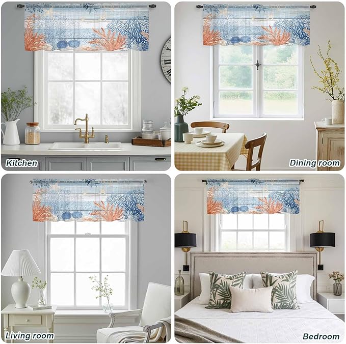 Ocean Corals Sheer Valance Curtains, Summer Beach Coral Sea Stars Blue Wood Grain Light Filtering Kitchen Valances Rod Pocket Voile Curtain Window Treatment for Bedroom/Living Room/Basement 54Wx18L