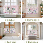Spring Tier Curtains, Bicycles Leaves Butterfly Flowers Pink Buffalo Plaid Light Filtering Kitchen Curtains, 2Pcs Rod Pocket Half Window Treatments Panels for Sink Cafe Cabinet Camper 27.5x36 Inches