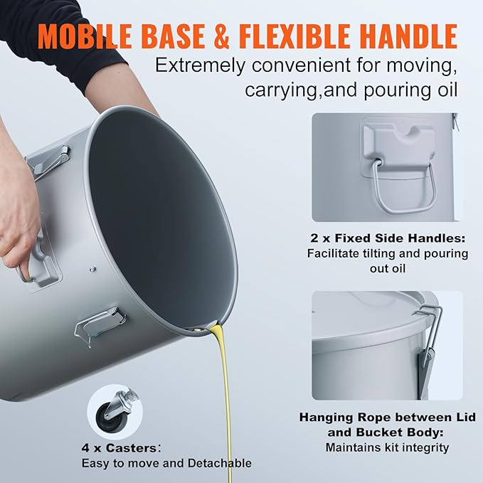 VEVOR Fryer Grease Bucket, 16 Gal Oil Disposal Caddy with Caster Base, Carbon Steel Rust-Proof Coating, Oil Transport Container with Lid, Lock Clips, Filter Bag for Hot Cooking Oil Filtering