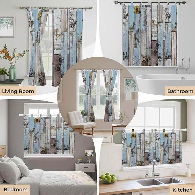 Blue Grey Wooden Bedroom Curtains 63 Inch Length, Window Curtains Tab Top, Farmhouse Barn Sunflowers Retro Light Filtering Window Treatments Drapes 42"x63" 2 Panel