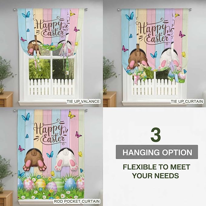 Tie Up Curtains,Happy Easter Rabbit Butt Egg on Daisy Leaf Adjustable Rod Pocket Window Shade Curtain Drape Bufferfly on Wood Barn Tie-Up Valance for Kitchen Bedroom Living Room Windows,52"x45"
