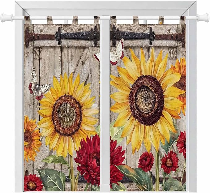 Sunflowers Bedroom Curtains 72 Inch Length, Window Curtains Tab Top, Retro Flower Barn Doors Butterfly Farmhouse Brown Light Filtering Window Treatments Drapes 52"x72" 2 Panel