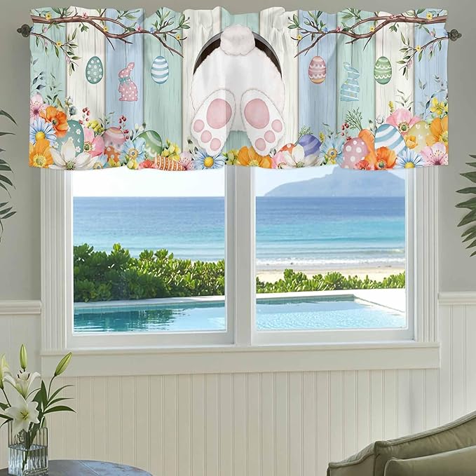 Easter Curtain Valances for Windows, Kitchen Valance Window Treatment, Spring Watercolor Bunny Eggs Wood Grain Teal Blue Light Filtering Block Curtains for Bathroom/Bedroom/Living Room 60'' x 18''