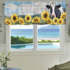 Cow Sunflowers Curtain Valances for Windows, Kitchen Valance Window Treatment, Farmhouse Animal Blue Sky Wooden Grain Light Filtering Block Curtains for Bathroom/Bedroom/Living Room 42'' x 12''