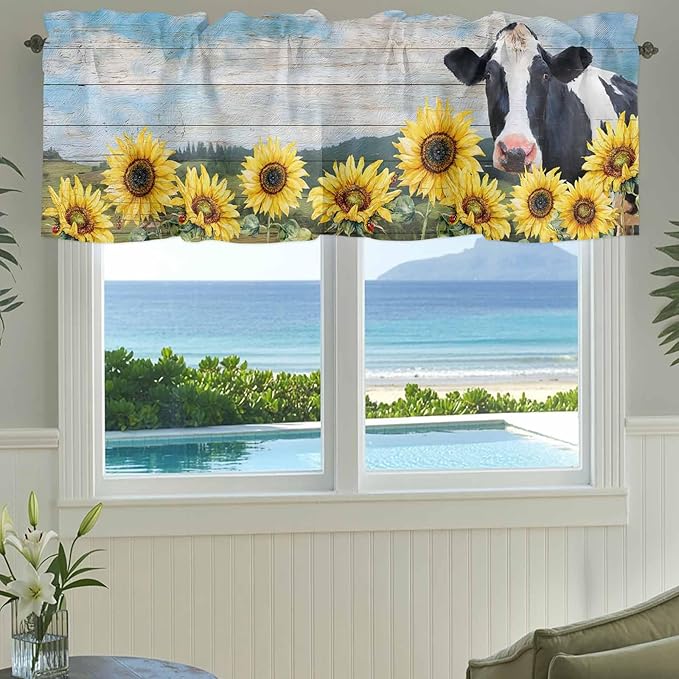 Cow Sunflowers Curtain Valances for Windows, Kitchen Valance Window Treatment, Farmhouse Animal Blue Sky Wooden Grain Light Filtering Block Curtains for Bathroom/Bedroom/Living Room 54'' x 18''