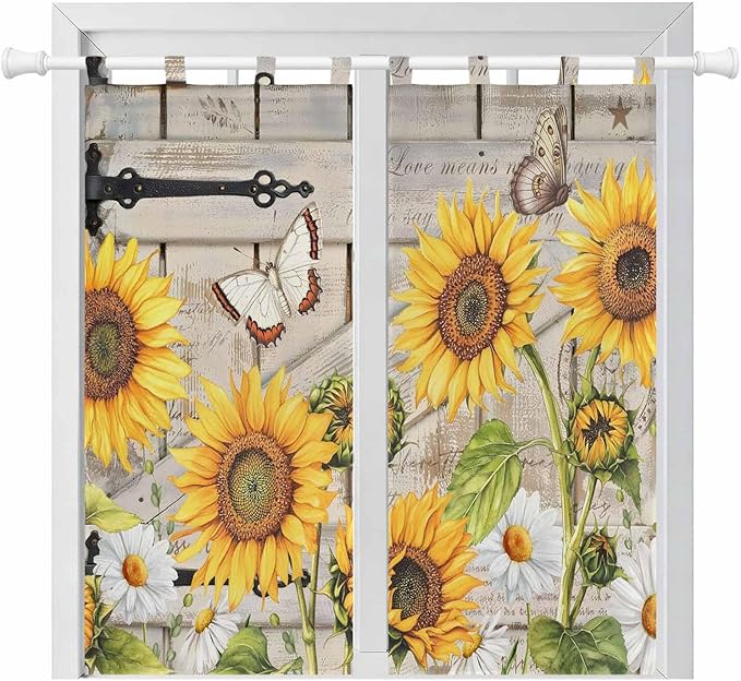 Farm Flowers Bathroom Curtains 63 Inch Length, Window Curtains Tab Top, Retro Sunflowers Barn Doors Butterfly Wood Board Light Filtering Window Treatments Drapes 52"x63" 2 Panel
