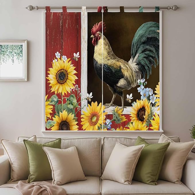 Chicken Sunflowers Bathroom Curtains 63 Inch Length, Window Curtains Tab Top, Farmhouse Animals Red Barn Bees Light Filtering Window Treatments Drapes 52"x63" 2 Panel