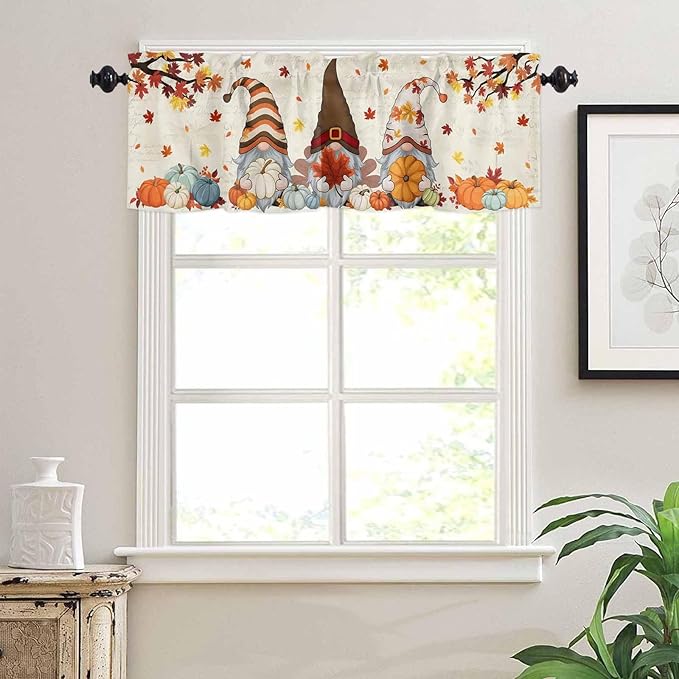 Fall Kitchen Curtain Set, Thanksgiving Gnomes Maple Leaf Pumpkin Beige Window Valance and Tiers 24" Length, Light Filtering Short Curtains Valance for Cafe Bathroom Bedroom 54"x18"
