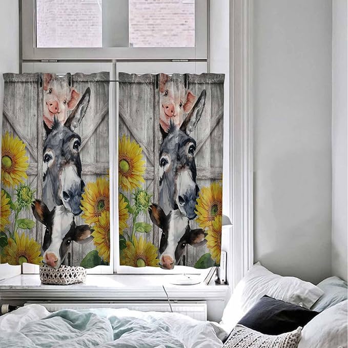 Farmhouse Kitchen Curtains 54 Inches Length, Vintage Sunflowers Animals Printed Wood Grain Window Treatment Curtain Drapes, Decorative Window Curtains for Bedroom Cafe, 52"x54", 2 Panels