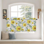 Yellow Daisy Tier Curtains, Farmhouse Country Flower Leaf Plant Wood Grain Light Filtering Kitchen Curtains, 2Pcs Rod Pocket Half Window Treatments Panels for Sink Cafe Cabinet Camper 27.5x24 Inches