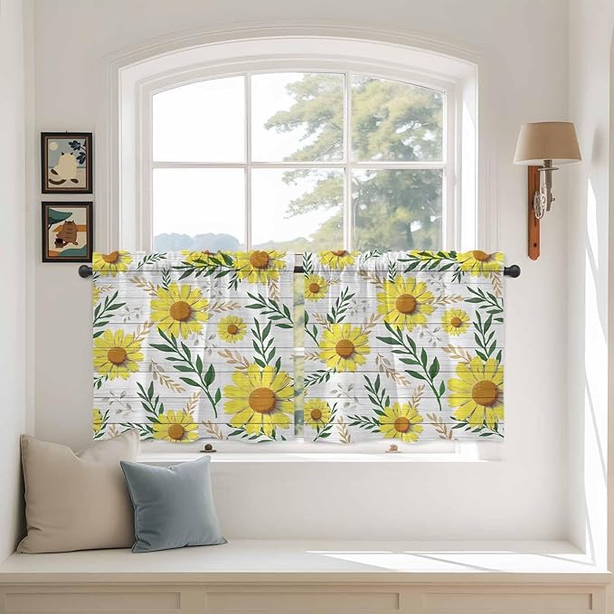 Yellow Daisy Tier Curtains, Farmhouse Country Flower Leaf Plant Wood Grain Light Filtering Kitchen Curtains, 2Pcs Rod Pocket Half Window Treatments Panels for Sink Cafe Cabinet Camper 27.5x24 Inches