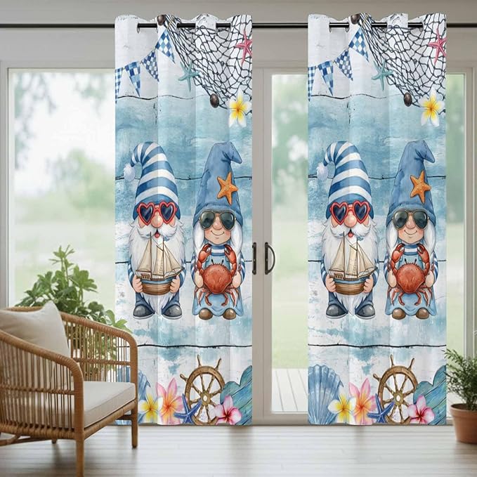 Ocean Gnome Outdoor Curtains for Patio Summer Marine Plumeria Shell Wood Blue Waterproof Outside Curtains with Grommet Top Weatherproof Curtain for Cabana Pergola Gazebo, 2 Pack, 54" W x 95" L