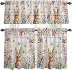 Kitchen Curtains Tiers and Valance Set of 3, Easter Light Filtering Window Curtain Set, Spring Bunny Butterfly Botanical Wooden Grain Rod Pocket Curtain Drapes for Cafe, Living Room, 36 Inches Tiers