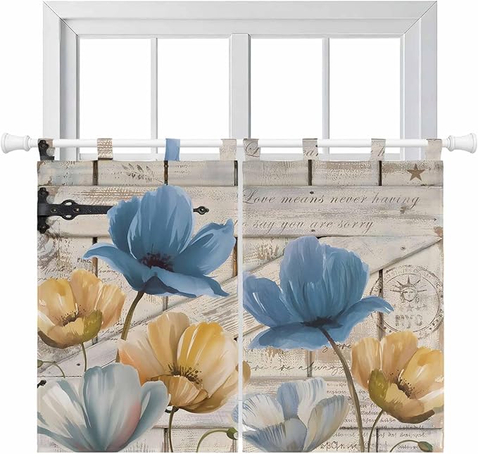 Blue Yellow Tulips Kitchen Curtains 45 Inch Length, Short Cafe Window Curtains Tab Top, Retro Farmhouse Flower Barn Doors Wooden Light Filtering Window Treatments Tier Drapes 27.5"x45" 2 Panel