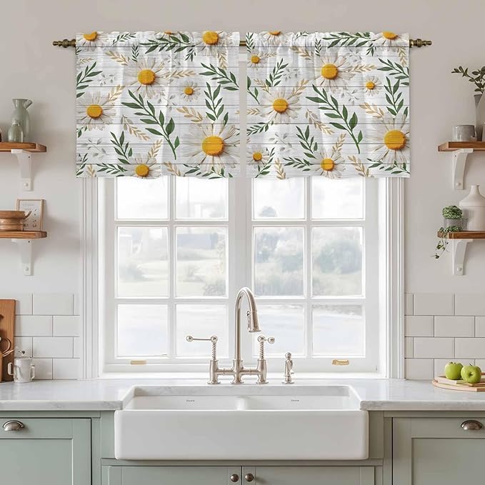 Spring Daisy Tier Curtains, Farmhouse Country Flower Leaf Plant Wood Grain Light Filtering Kitchen Curtains, 2Pcs Rod Pocket Half Window Treatments Panels for Sink Cafe Cabinet Camper 27.5x24 Inches