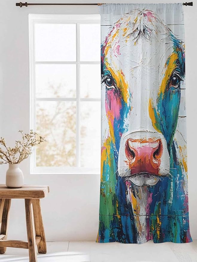 Sheer Curtains 108 Inches Long, Farmhouse Oil Painting Semi Sheer Curtains Light Filtering Window Treatment, Colorful Cow Animal Wooden Grain Privacy Voile Drapes for Living Room Bedroom 52x108 Inch