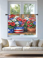 Sheer Curtains 54 Inch Length, Red Blue Flower Semi Sheer Curtains Light Filtering Window Treatment, Retro Independence Day Flag Wood Grain Privacy Voile Drapes for Living Room Bedroom 52x54 Inch