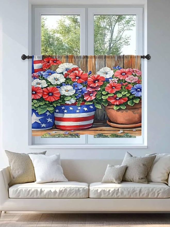 Sheer Curtains 45 Inch Length, Red Blue Flower Semi Sheer Curtains Light Filtering Window Treatment, Retro Independence Day Flag Wood Grain Privacy Voile Drapes for Living Room Bedroom 52x45 Inch