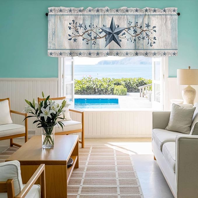 Texas Star Blue Curtain Valances for Windows, Kitchen Valance Window Treatment, Farmhouse Country Branches Wooden Grain Light Filtering Block Curtains for Bathroom/Bedroom/Living Room 42'' x 18''