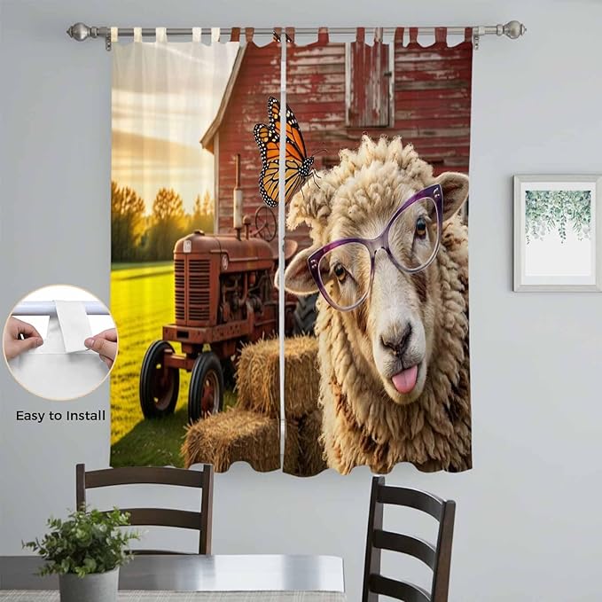 Farm Sheep Living Room Curtains 84 Inch Length, Window Curtains Tab Top, Farmhouse Barn Funny Animals Butterfly Light Filtering Window Treatments Drapes 52"x84" 2 Panel