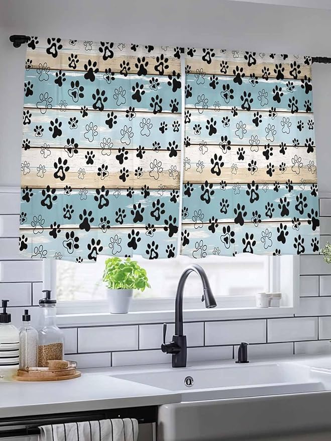 Sheer Curtains 54 Inch Length, Blue Beige Paw Print Semi Sheer Curtains Light Filtering Window Treatment, Vintage Farmhouse Country Wood Grain Privacy Voile Drapes for Living Room Bedroom 52x54 Inch