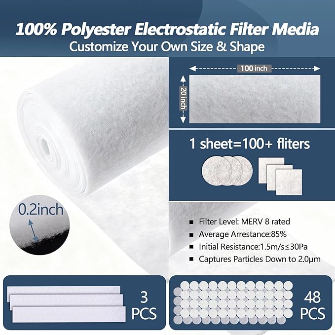 MERV 8 Air Vent Filters,20" x 98" Cut to Fit Air Filter (60+ Filters),Electrostatic Filter Media for Air Vents,Air Conditioner,HVAC,Registers,Grilles,Includes 48 Adhesive Hooks