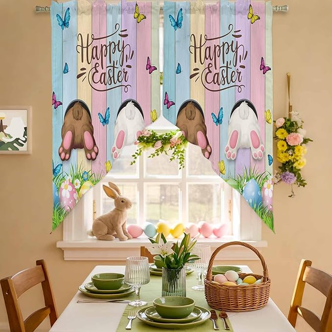 Swag Curtain Valances for Kitchen Windows,Happy Easter Rabbit Butt Egg on Daisy Leaf Short Rod Pocket Window Valance,Bufferfly on Wood Barn Swag Topper for Bedroom Living Room,2 Panels 28x36in