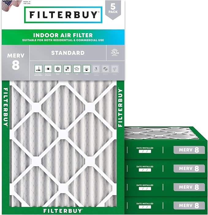 Filterbuy 10x20x2 Air Filter MERV 8 Essential Dust & Allergy Defense (5-Pack), Electrostatic Pleated HVAC AC Furnace Filters Replacement, Made in USA (Actual Size: 9.50 x 19.50 x 1.75)