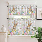 Kitchen Curtains Tiers and Valance Set of 3, Easter Light Filtering Window Curtain Set, Rustic Spring Bunny Eggs Botanical Grey Wooden Rod Pocket Curtain Drapes for Cafe, Living Room, 24 Inches Tiers