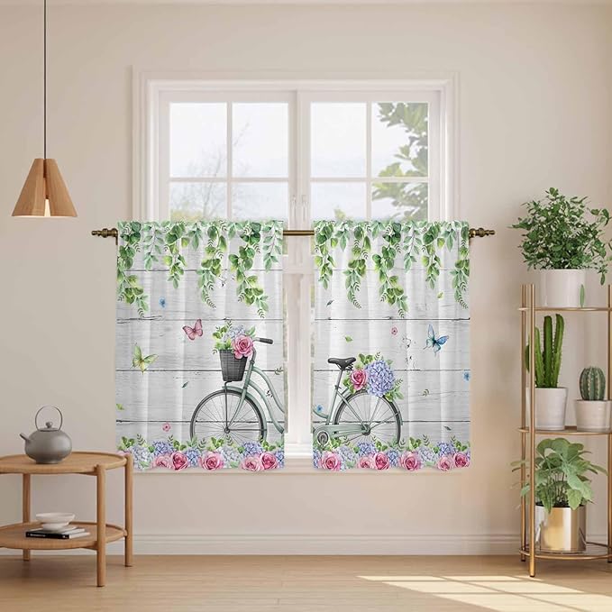Spring Kitchen Curtains, Bicycles Botanical Rose Leaves Butterfly Wood Grain Light Filtering Window Curtain Panels, 2Pcs Rod Pocket Window Treatments Set for Study Room Bathroom Bedroom 52x54 Inches
