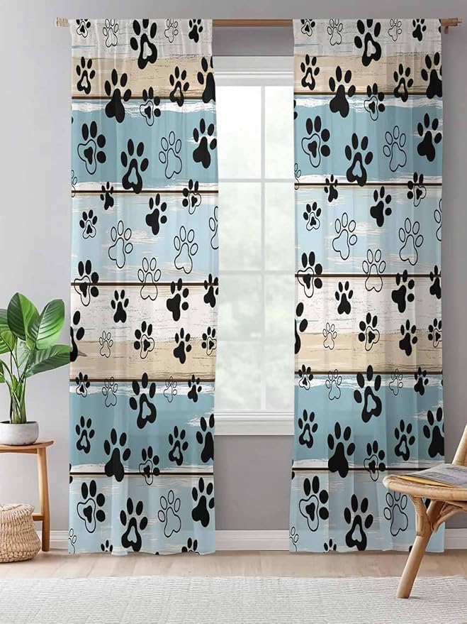 Sheer Curtains 84 Inches Long, Blue Beige Paw Print Semi Sheer Curtains Light Filtering Window Treatment, Vintage Farmhouse Country Wood Grain Privacy Voile Drapes for Living Room Bedroom 52x84 Inch