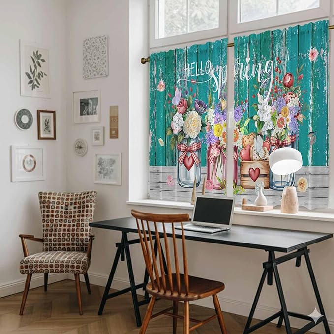 Spring Flowers Kitchen Curtains, Farmhouse Watercolor Teal Wood Grain Light Filtering Window Curtain Panels, 2Pcs Rod Pocket Window Treatments Set for Study Room Bathroom Bedroom 52x54 Inches