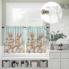 Easter Kitchen Curtains Set 3 Piece for Windows, Rod Pocket Valance and Tier Set 24 Inch Length, Spring Rabbit Colorful Eggs Flowers Wooden Grain Light Filtering Cafe Curtains for Living Room Bathroom