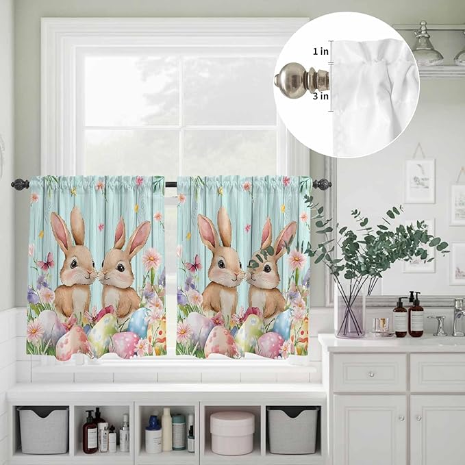 Easter Kitchen Curtains Set 3 Piece for Windows, Rod Pocket Valance and Tier Set 36 Inch Length, Spring Rabbit Colorful Eggs Flowers Wooden Grain Light Filtering Cafe Curtains for Living Room Bathroom