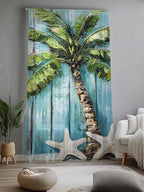 Sheer Curtains 84 Inches Long, Coastal Beach Starfish Semi Sheer Curtains Light Filtering Window Treatment, Blue Green Tropical Palm Tree Wood Grain Privacy Voile Drapes for Living Room 52x84 Inch