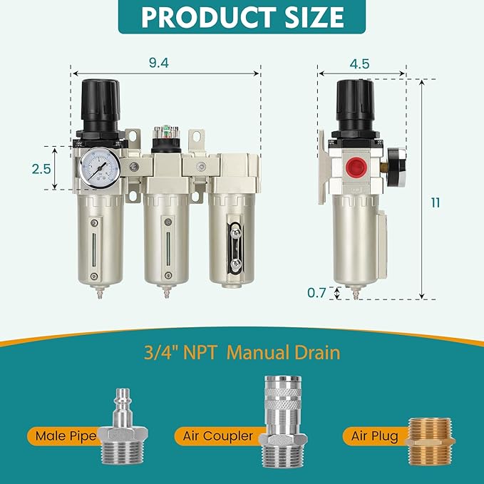 3/4" NPT Industrial Air Dryer for Compressor,3 Stage Air Compressor Water Separator System,Filter Oil Water Separator Dryer for Plasma Cutter and Paint Spray,Manual Drain