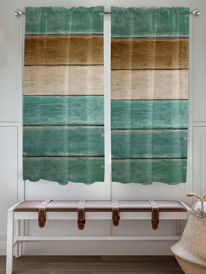 Vintage Plank Turquoise Brown Window Valance Curtains, Farmhouse Wood Grain Light Filtering Kitchen Valance with 3-inch Rod Pocket for Living Room Bathroom Bedroom,2 Panel,52x72In